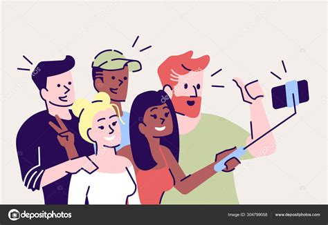 Selfie Flat Vector Illustration Happy People Making Selfie Stick