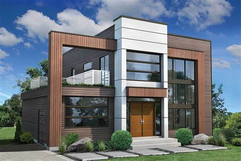 Two Story Contemporary House Plan With Upstairs Terrace 80963pm