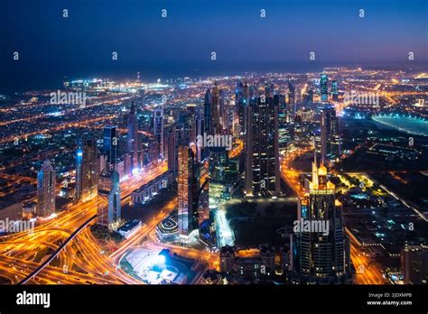 United Arab Emirates Dubai Elevated View Of Illuminated Downtown At