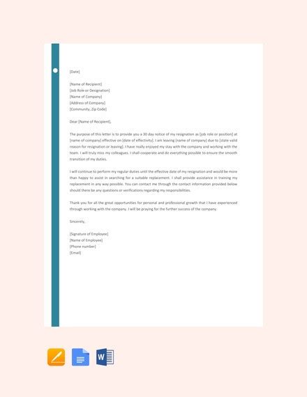 Date name title company name address. 6+ Resignation Letter With 30 Day Notice Template - PDF ...
