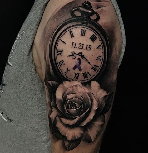 A Man With A Clock And Rose Tattoo On His Arm