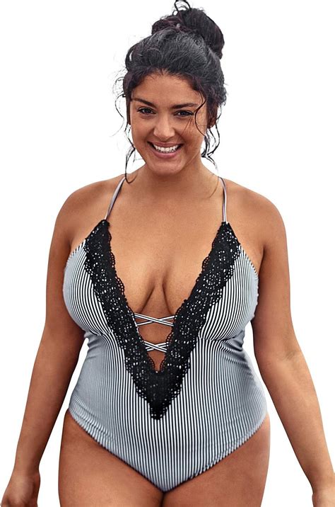 CUPSHE Women S Plus Size One Piece Swimsuit Stripy Lace V Neck Bikini At Amazon Womens Clothing
