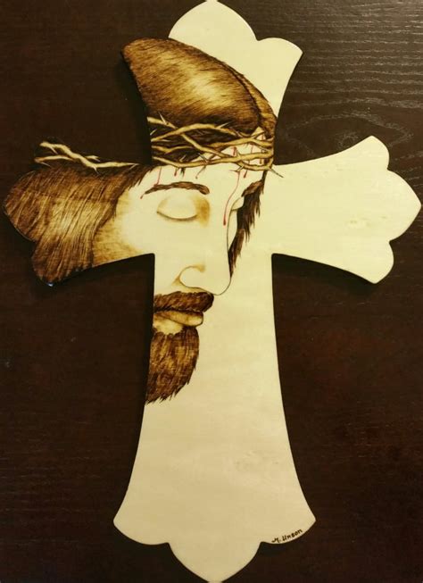 Unique Cross Jesus In His Crown Of Thorns Handcrafted Woodburned
