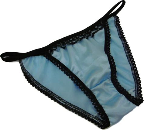 françois de loire shiny satin and lace mini tanga string bikini panties pale blue with black