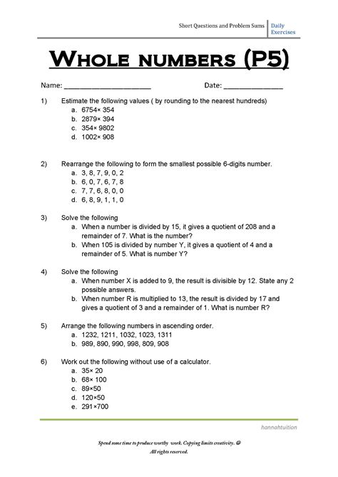 P5 Whole Numbers Worksheets