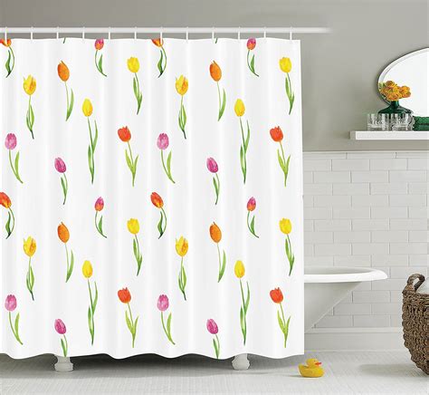 Watercolor Flower Decor Shower Curtain Set By Colorful Tulips Pattern