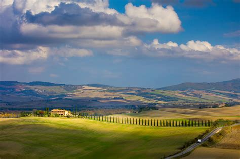 Sunny Tuscany Landscape Beautiful Hills And Sky With Clouds All