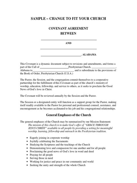 Sample Covenant Agreement Pdf Pastor Catholic Church