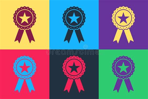 Pop Art Award Medal With Star And Ribbon Icon Isolated On Color