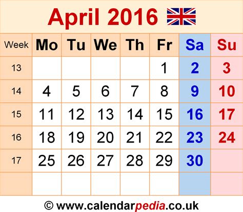 Calendar April 2016 Uk With Excel Word And Pdf Templates
