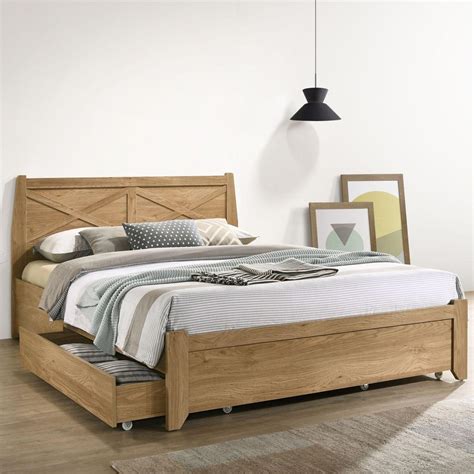 Miles Rustic Natural Light Oak Bed Frame With Storage Drawers