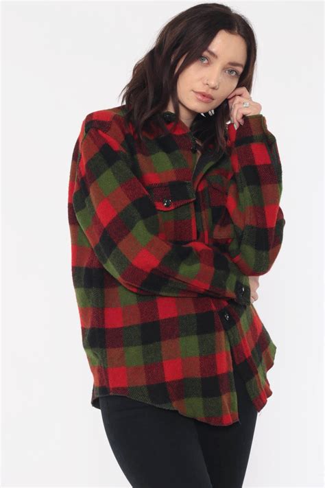 Red Plaid Shirt 90s Oversized Flannel Button Up Checkered 80s Vintage