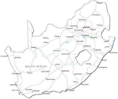 South Africa Black And White Road Map In Adobe Illustrator Vector Format