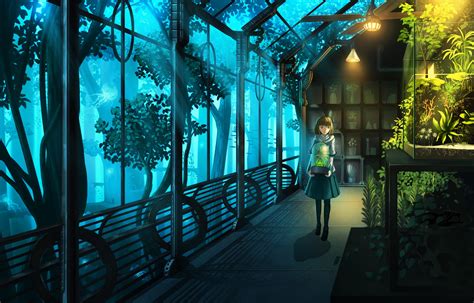 Indoors Anime Girls Anime Cyan Plants Greenhouse Artwork