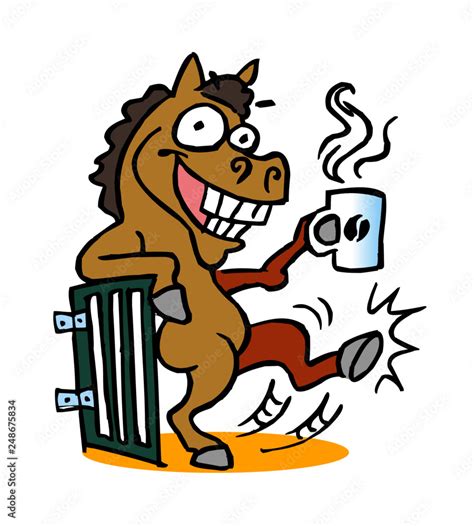 Crazy Horse Drinks Coffee In The Horse Stable Cartoon Joke Stock Vector