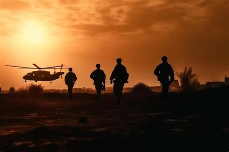 Premium Ai Image Soldiers Walking In Front Of A Helicopter With The