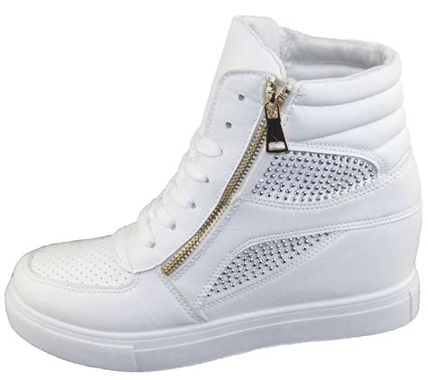 Womens Girls Diamante Wedge Heel Ankle High Top Trainers Sneakers Shoes