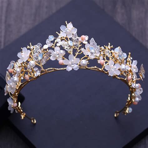 Butterfly Opal Marquise Crystal Tiaras Crowns White Flower Pearl