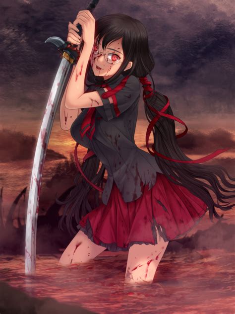 Wallpaper Anime Girls Blood C Kisaragi Saya Long Hair Black Hair Solo Artwork Digital