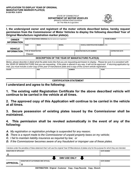 CT DMV Form B320. Application to display original year of manufacture
