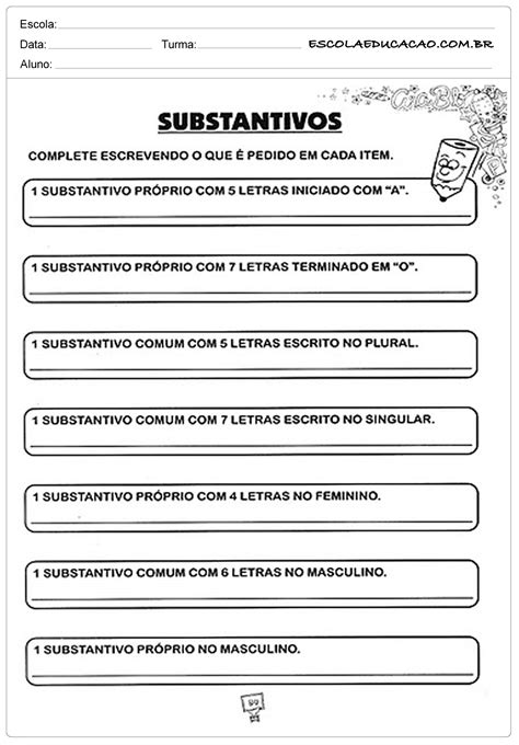 Atividades Com Substantivos Complete Escrevendo Escola Educa O