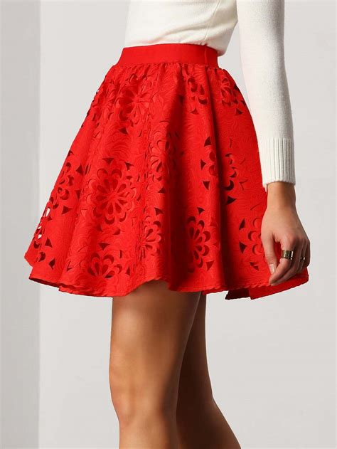 Red High Waist Hollow Flare Skirt Sheinsheinside