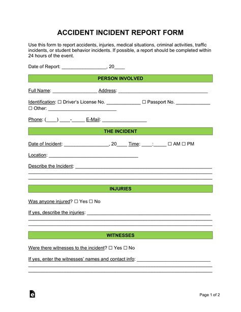 Free Accident Incident Report Form Pdf Word Eforms