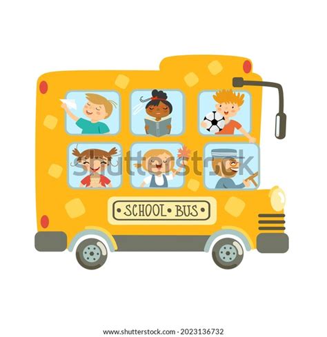 Happy Kids Riding School Bus Back Stock Vector Royalty Free