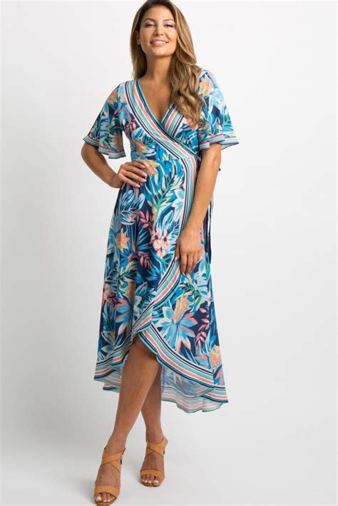 Navy Tropical Floral Print Wrap Tie Dress Wrap Tie Dress Dresses