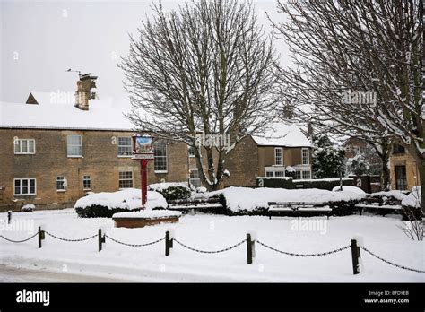 Winter Snow Thatched Cottages Werrington Village Cambridgeshire England