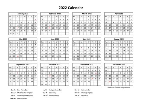 Printable Yearly Calendar 2022 With Us Holidays Free Calendar