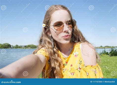 Beautiful Young Millennial Girl Taking Selfie Pcture With Cell Phone Camera Stock Image Image