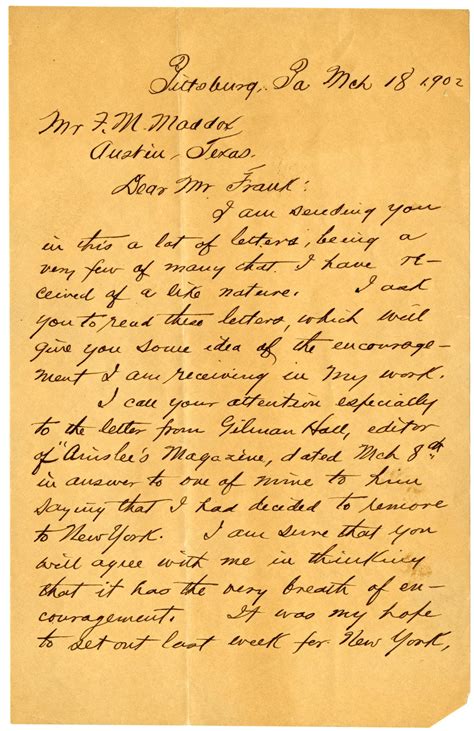 Handwritten Letter From O Henry To Fm Maddox The Portal To Texas