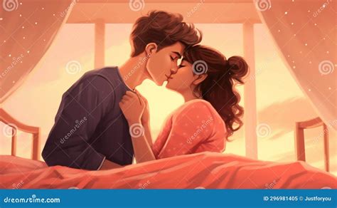 Romantic Couple Sharing A Kiss On Bed Intimate Love Moments Generative Ai Stock Illustration