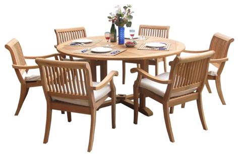 7 Piece Outdoor Teak Dining Set 60 Round Table 6 Arbor Stacking