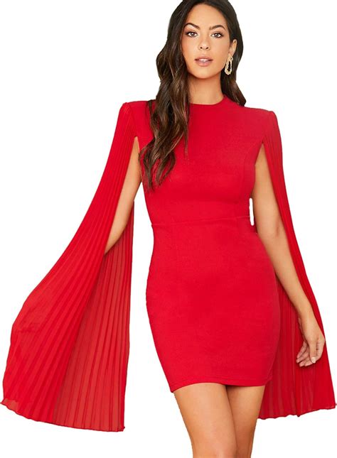 Shein Womens Elegant Cloak Sleeve Mini Bodycon Cape Dress Plain Red Large At Amazon Womens