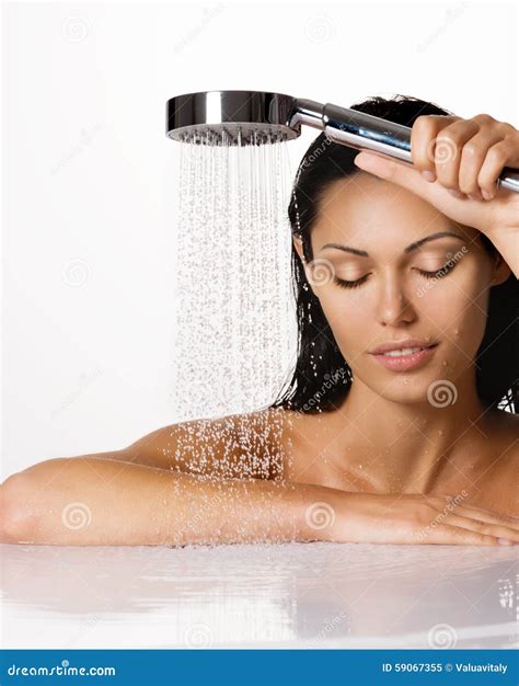 Beautiful Brunette Woman Holds Shower In Hands Stock Image Image Of Wash Female 59067355