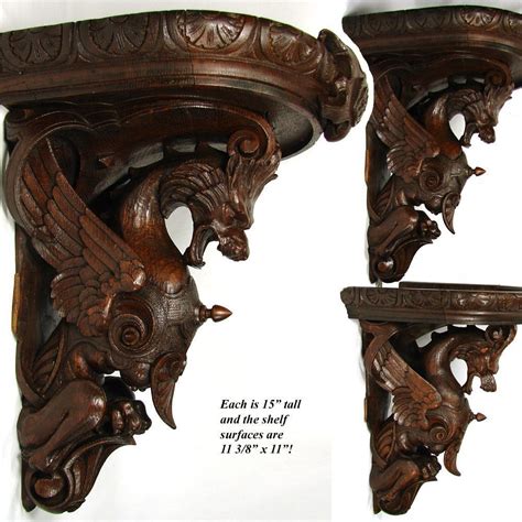 Magnificent Antique Victorian Carved Oak 15 Bracket Shelf Pair
