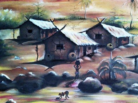 Typical River Line African Village Setting Painting By Ifeatu Okoli