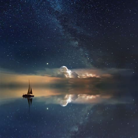 2932x2932 Lake Mirror Reflection Stars Boat Milky Way 5k Ipad Pro