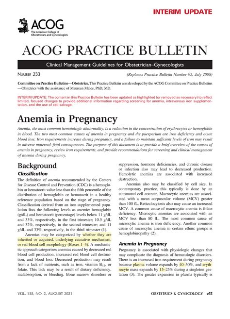 Anemia In Pregnancy Gft Interim Update Acog Practice Bulletin