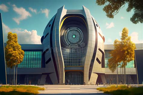 Futuristic School Design Illustration With Lecturer Robot Back To