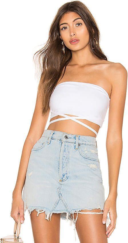 White Outfit Instagram With Miniskirt Tube Top Crop Top Denim Skirt Outfits Crop Top