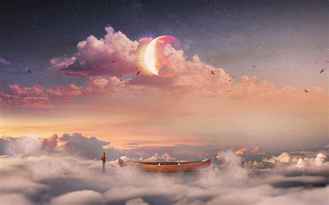 Wallpaper Fantasy Art Sky Planet Clouds Boat Men Digital Art