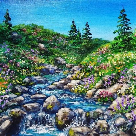A Painting Of A Stream Running Through A Lush Green Forest Filled With