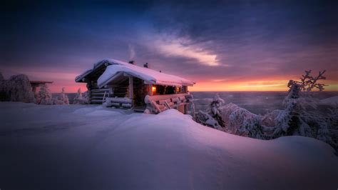 Cabin Landscape Sky Snow Sunset Winter Wallpaper Resolution1920x1080