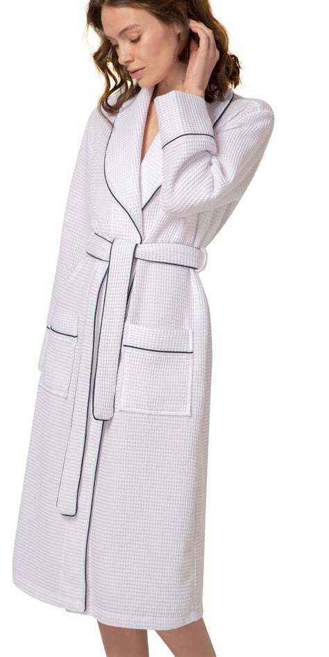 Womens Luxury Waffle Shawl Collar Robe With Piping Lightweight Long Hot Sex Picture