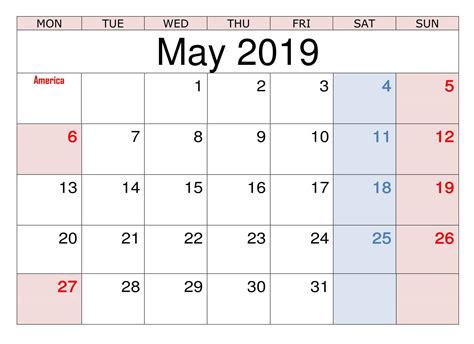 May 2019 Federal Holidays Calendar May2019 2019calendar 2019holidays