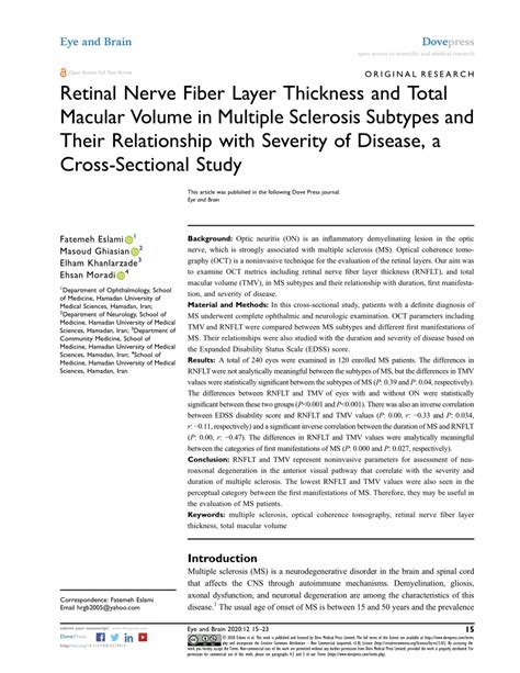 PDF Retinal Nerve Fiber Layer Thickness And Total Macular Volume In Multiple Sclerosis