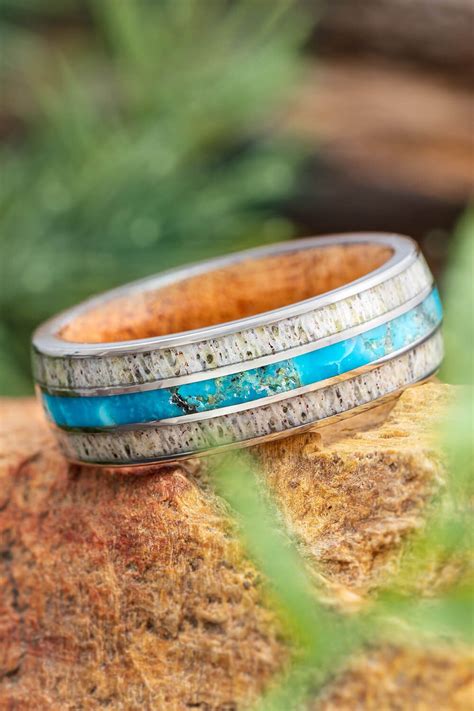 Deer Antler And Mesquite Wood Wedding Band With Turquoise Inlay Antler